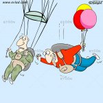 A parachutist with balloons in his hand