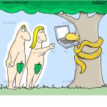 Adam, Eve and a snake with a computer in its mouth