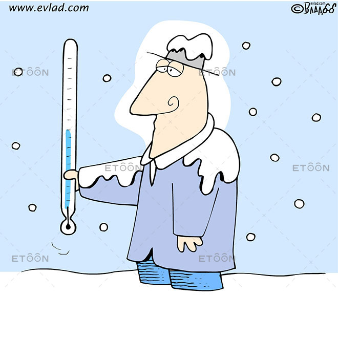 Man Covered In Snow Holding A Thermometer Etoon Cartoons